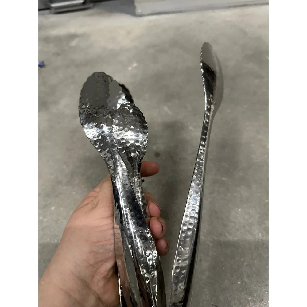 Hammered Silver Metal Serving Tongs Set of 2 Scalloped Edge Buffet Utensils